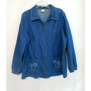 BLAIR Womens Denim Blue Jean Jacket Dark Wash Sz Large Full Zipper w Butterflys